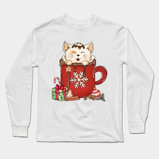 Cute Cat Christmas Chocolate Coffee Long Sleeve T-Shirt